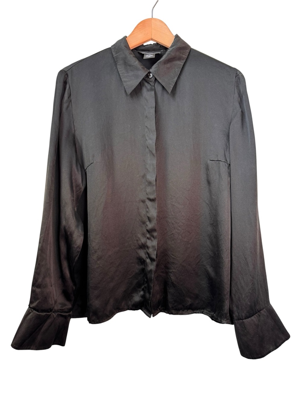 Spenser Jeremy Vintage 100% Silk Black Button Up Shirt Size 14 Flounce Cuff 90s
